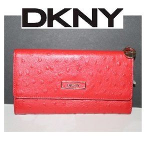 New DKNY Lipstick RED Ostrich Embossed Continental Wallet